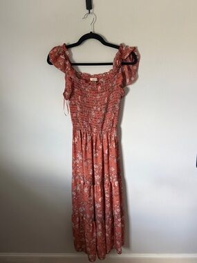 Max Studio Coral Floral Smocked Tiered Maxi Dress